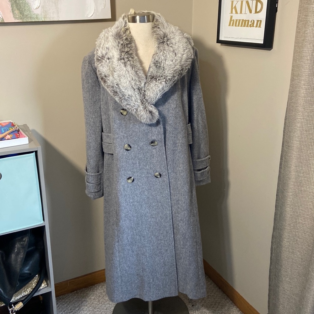 60s Vintage Wool Coat W/ Fur Collar Fur Trimmed Grey